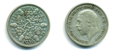 Великобритания 6 пенсов 1936 Георг V (1910-1936) KM 832, Spink 4041 серебро 89-1543