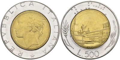 Италия 500 лир 1990 R, Квиринальский дворец в Риме KM 111 биметалл UNC 76-1046