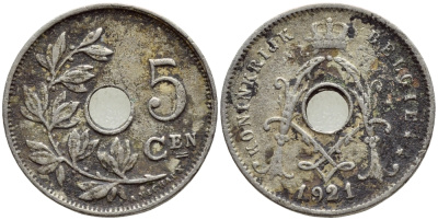 Бельгия 5 сантимов 1921 Belgie KM 67 медно-никель 4396-347