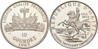 Гаити 10 гурдов 1967 10 лет революции, Генерал Туссен Лувертюр KM 65.1 серебро PROOF 1069-3-43