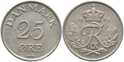 Дания 25 эре 1954 N; S, Фредерик IX (1947-1972) KM 842.1 медно-никель 28-1116