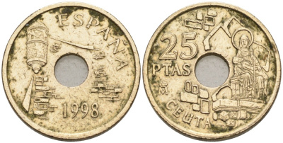 Испания 25 песет 1998 Сеута (Ceuta), Хуан Карлос I (1975-2014) KM 990 медь цинк никель 192-438