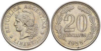 Аргентина 20 сентаво 1958 голова свободы влево KM 55, Schon 55, CJ 264 сталь плакированная никелем    60-953
