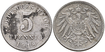 Германия 5 пфеннигов 1918 A KM 19, J. 297 железо 4151-913