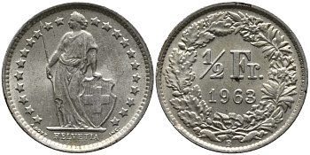 ШВЕЙЦАРИЯ 1/2 ФРАНКА 1963 B KM 23 серебро 96-1131
