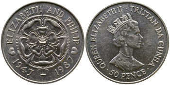 ТРИСТАН-ДА-КУНЬЯ 50 ПЕНСОВ 1987 40 ЛЕТ СВАДЬБЫ ЕЛИЗАВЕТЫ II И ФИЛИППА KM 7b медно-никель UNC 4044-841