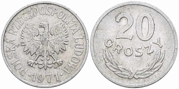 ПОЛЬША 20 ГРОШЕЙ 1971 MW KM А47 алюминий 60-1112