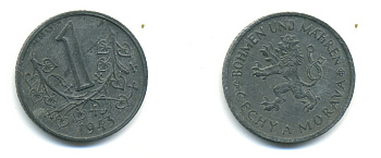 БОГЕМИЯ И МОРАВИЯ 1 КРОНА 1943 ГЕРМАНСКИЙ ПРОТЕКТОРАТ KM 4 цинк 89-1613