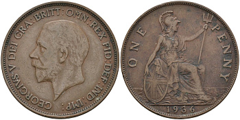 Великобритания 1 пенни 1936 Георг V (1910-1936) KM 838, Spink 4055 бронза 4593-436