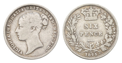 Великобритания 6 пенсов 1875 Виктория (1837-1901) KM 751.1, Spink 3910 серебро 603-1543