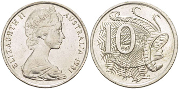 Австралия 10 центов 1981 Елизавета II (1952-), птица лирахвост KM 65 медно-никель 4519-424