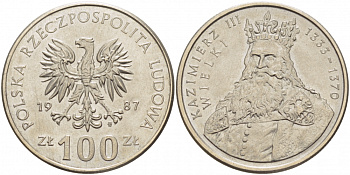 Польша 100 злотых 1987 MW, серия Польские короли, король Казимир III Великий (1333-1370) KM 167 медно-никель 3996-115