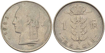 БЕЛЬГИЯ 1 ФРАНК 1963 BELGIE, БОДУЭН I (1951-1993) KM 143.1 медно-никель 202-1021