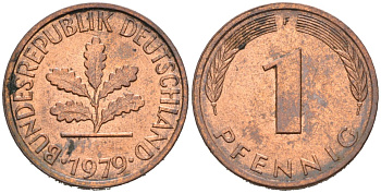ФРГ 1 пфенниг 1979 F KM 105, J.380 сталь плакированная медью 4567-934