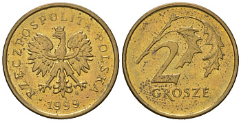 Польша 2 гроша 1999 MW KM 277, Parchimowicz 702f латунь UNC 4567-1046