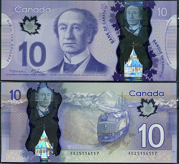 Канада 10 долларов 2013 Сэр Джон А. Макдональд, железная дорога и горы Pick 107 a полимер UNC (пресс) 7523-14-4-2