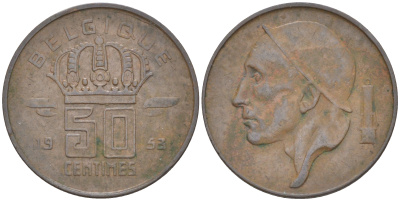 БЕЛЬГИЯ 50 САНТИМОВ 1953 BELGIQUE KM 144 бронза 187-868