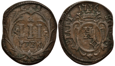 Соест 3 пфеннига 1736 KM 24 медь 000-000