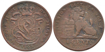 БЕЛЬГИЯ 1 САНТИМ 1902 BELGES KM 33.1 медь 116-718