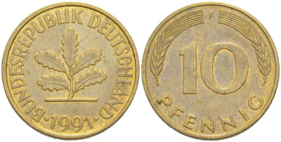 ФРГ 10 ПФЕННИГОВ 1991 F KM 108, J. 383 сталь плакированная латунью 217-511