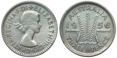 Австралия 3 пенса 1956 m, Елизавета II (1952-2022) KM 57 серебро 71-456