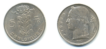 БЕЛЬГИЯ 5 ФРАНКОВ 1971 BELGIE KM 135.1 медно-никель 86-1346