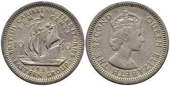 Британские Восточно-Карибские территории 10 центов 1955 Елизавета II (1952-2022), парусник KM 5 медно-никель 4393-957