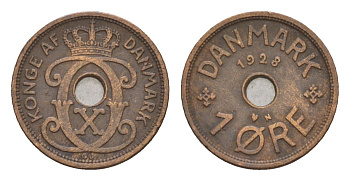 Дания 1 эре 1928 N, Кристиан X (1912-1947) KM 826 бронза 4658-141