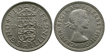 Великобритания 1 шиллинг 1961 Елизавета II (1952-2022), Английский герб KM 904, Spink 4147 медно-никель 4384-433