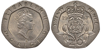 Великобритания 20 пенсов 1987 Елизавета II (1952-2022) KM 939, Spink 4361 (G2) медно-никель UNC 4128-734