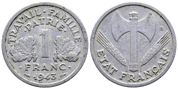 ФРАНЦИЯ 1 ФРАНК 1943 LB, ТИП LEGERE, ПРАВИТЕЛЬСТВО ВИШИ KM 902.1, LE FRANC 223.3 алюминий 80-1035