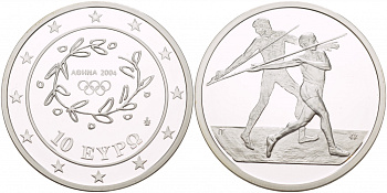 Греция 10 евро 2003 XXVIII летние Олимпийские игры 2004 года в Афинах, метание копья KM 193 серебро PROOF 1088-4-14