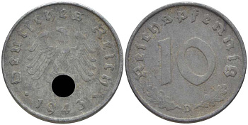 ГЕРМАНИЯ 10 РЕЙХСПФЕННИГОВ 1943 D KM 101, J. 371 цинк 4401-552