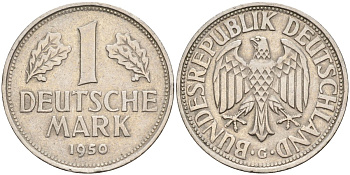 ФРГ 1 марка 1950 G KM 110, J. 385 медно-никель 4177-836