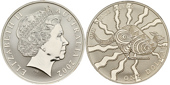 Австралия 1 доллар 2002 кенгуру, искусство аборигенов, в коробке KM 642 серебро UNC 4-3-4-46