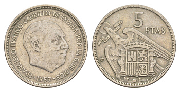 Испания 5 песет 1957 (67) Франциско Франко (1939-1975) KM 786 медно-никель 4650-113