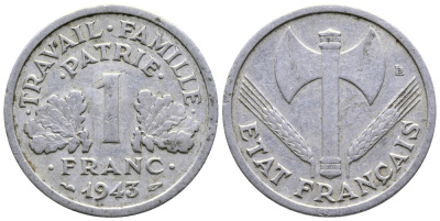 ФРАНЦИЯ 1 ФРАНК 1943 LB, ТИП LEGERE, ПРАВИТЕЛЬСТВО ВИШИ KM 902.1, LE FRANC 223.3 алюминий 80-1035