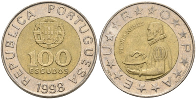 Португалия 100 эскудо 1998 Педру Нуниш (1502-1578), математик KM 645.1 биметалл 261-921