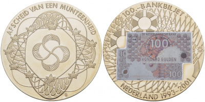 НИДЕРЛАНДЫ МЕДАЛЬ 2001 БАНКНОТА 100 ГУЛЬДЕНОВ, ЭМИССИЯ (1993-2001), СЕРЕБРЕНИЕ, ЦВЕТНАЯ ЭМАЛЬ медно-никель PROOF 01-237-21