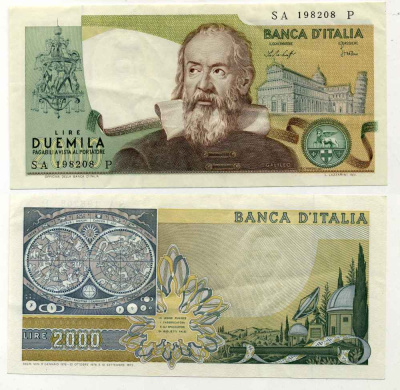 Италия 2000 лир 1973 Галилео, Пизанская башня Pick 103а бумага 8588-10-4-2