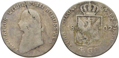 ПРУССИЯ 4 ГРОША 1802 A, ФРИДРИХ ВИЛЬГЕЛЬМ III (1797-1840) КМ 370 серебро 4390-253