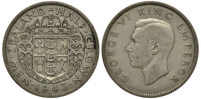 Новая Зеландия 1/2 кроны 1943 Георг VI (1936-1952) KM 11 серебро 272-1032