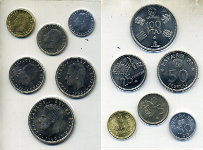 Испания официальный набор из 6 монет (50 сентимов; 1, 5, 25, 50 и 100 песет) 1980 (1980) чемпионат мира по футболу в Испании 1982 года KM MS11 (815, 816, 817, 818, 819 и 820) UNC 8-2-05-95