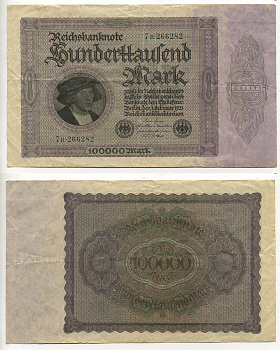 ГЕРМАНИЯ 100000 МАРОК 1923 1 ФЕВРАЛЯ 1923, БЕЗ Т ПОД ПОРТРЕТОМ Pick 83a бумага 7183-6-2