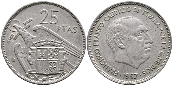 ИСПАНИЯ 25 ПЕСЕТ 1957 (68) ФРАНСИСКО ФРАНКО ДИКТАТОР ИСПАНИИ (1939-1975) KM 787 медно-никель 177-842