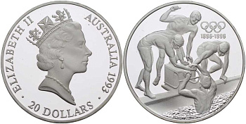 Австралия 20 долларов 1993 Олимпийские игры 1996, плавание, 100 лет Олимпийскому движению (1896-1996) KM 219 серебро PROOF 1078-2-22