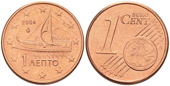 ГРЕЦИЯ 1 ЕВРОЦЕНТ 2004 KM 181 сталь плакированная медью UNC 214-341
