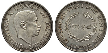Дания 2 кроны 1945 N; S, 75 лет королю Кристиану X (1870-1945) KM 836 серебро 69-435