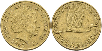 Новая Зеландия 2 доллара 2002 Елизавета II (1952-2022), большая белая цапля KM 121 алюминиевая бронза 59-2034