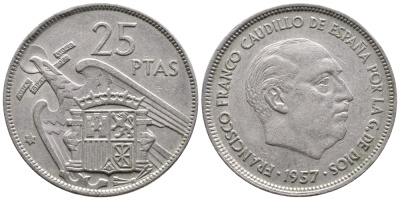 ИСПАНИЯ 25 ПЕСЕТ 1957 (68) ФРАНСИСКО ФРАНКО ДИКТАТОР ИСПАНИИ (1939-1975) KM 787 медно-никель 177-842